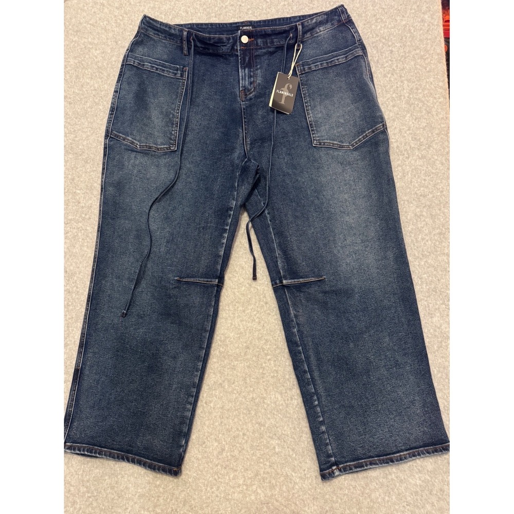 Flamingals Women 4XL Blue Dark Wash Wide Leg Utility Patch Pocket Jeans NEW
